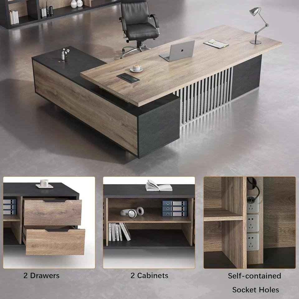 70.86 Inch Large Executive Desk with Drawers Cabinet, L Shaped Office Desk, Computer Desk with Universal Charging Ports and Cable Management for Business Furniture Set Workstation for Home Office