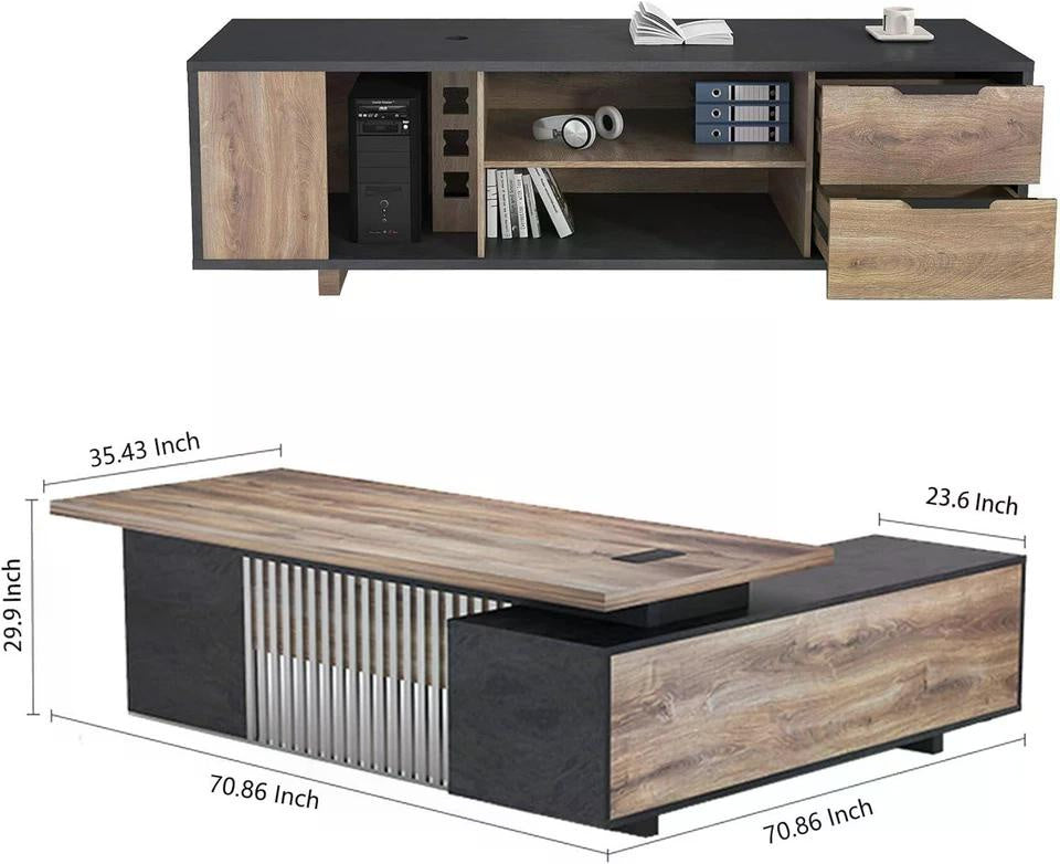 70.86 Inch Large Executive Desk with Drawers Cabinet, L Shaped Office Desk, Computer Desk with Universal Charging Ports and Cable Management for Business Furniture Set Workstation for Home Office