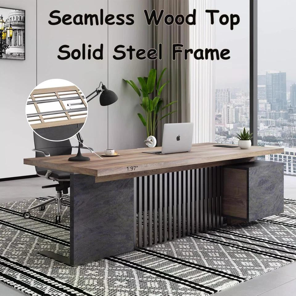 70.86 Inch Large Executive Desk with Drawers Cabinet, L Shaped Office Desk, Computer Desk with Universal Charging Ports and Cable Management for Business Furniture Set Workstation for Home Office