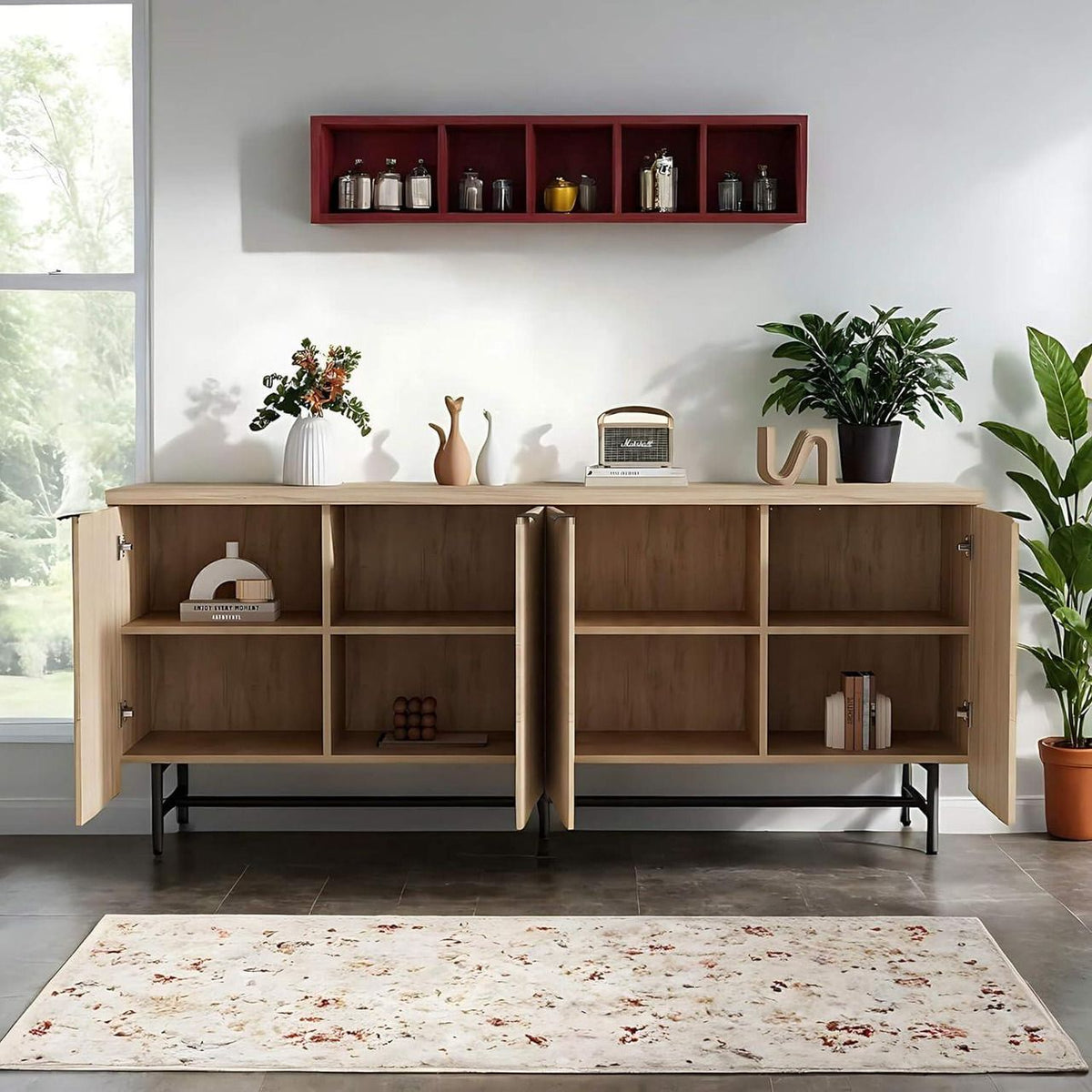68 Inch Oak Sideboard Buffet Cabinet with 4 Doors, Large Decorative Storage Cabinet with Adjustable Shelves, Multipurpose File Cabinet for Living Room Dining Room Studio