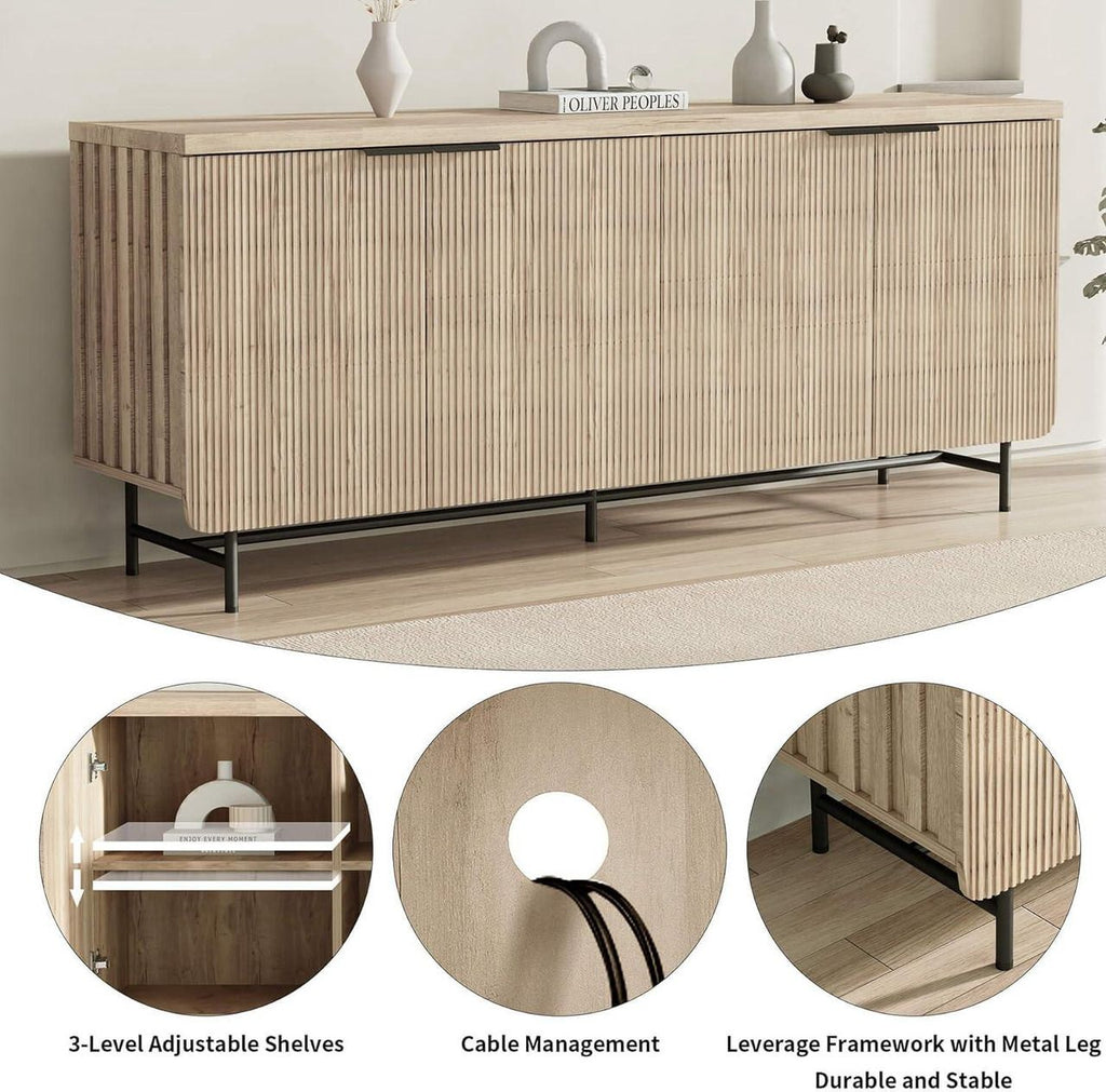 68 Inch Oak Sideboard Buffet Cabinet with 4 Doors, Large Decorative Storage Cabinet with Adjustable Shelves, Multipurpose File Cabinet for Living Room Dining Room Studio