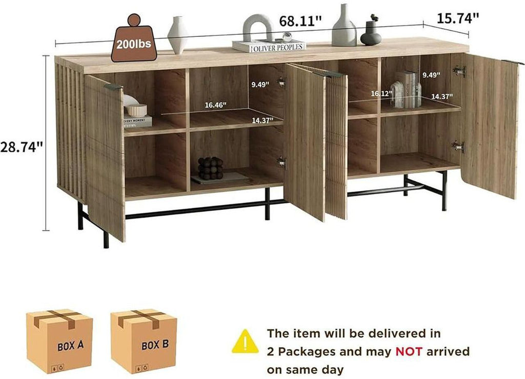 68 Inch Oak Sideboard Buffet Cabinet with 4 Doors, Large Decorative Storage Cabinet with Adjustable Shelves, Multipurpose File Cabinet for Living Room Dining Room Studio