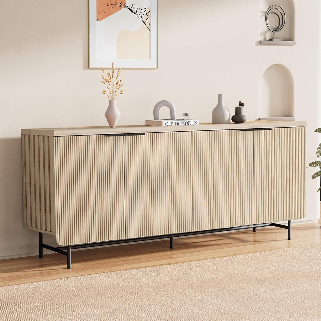 68 Inch Oak Sideboard Buffet Cabinet with 4 Doors, Large Decorative Storage Cabinet with Adjustable Shelves, Multipurpose File Cabinet for Living Room Dining Room Studio