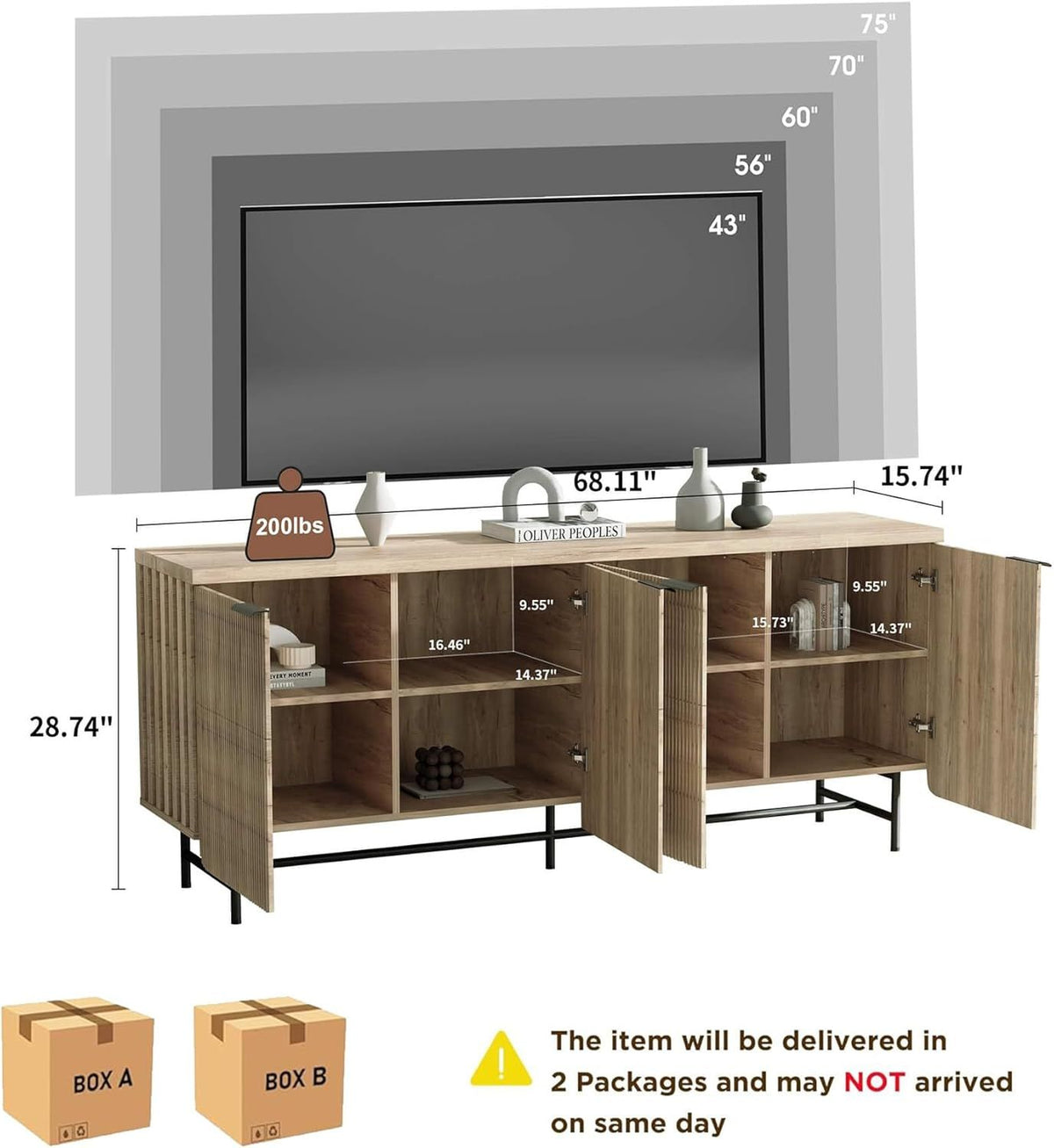 68 Inch Oak Sideboard Buffet Cabinet with 4 Doors, Large Decorative Storage Cabinet with Adjustable Shelves, Multipurpose File Cabinet for Living Room Dining Room Studio