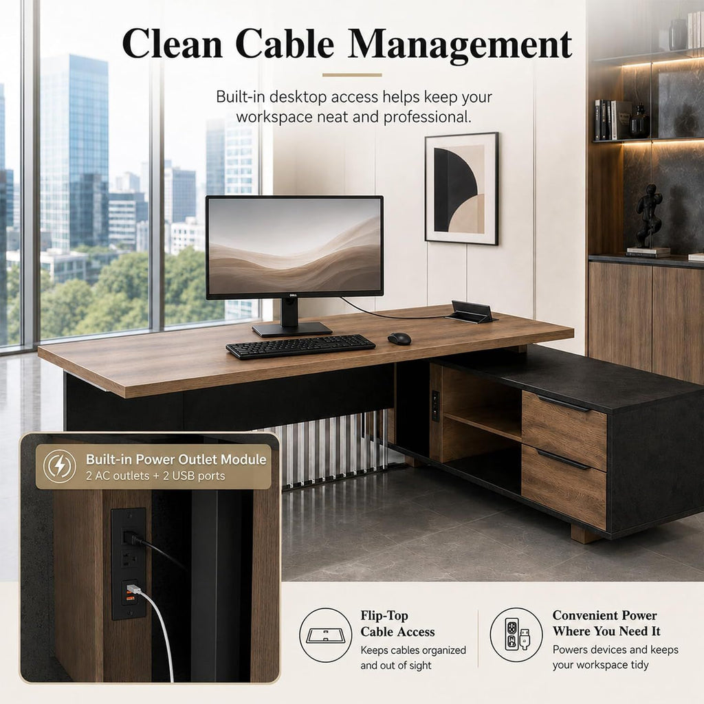 70.86 Inch Large Executive Desk with Drawers Cabinet, L Shaped Office Desk, Computer Desk with Universal Charging Ports and Cable Management for Business Furniture Set Workstation for Home Office