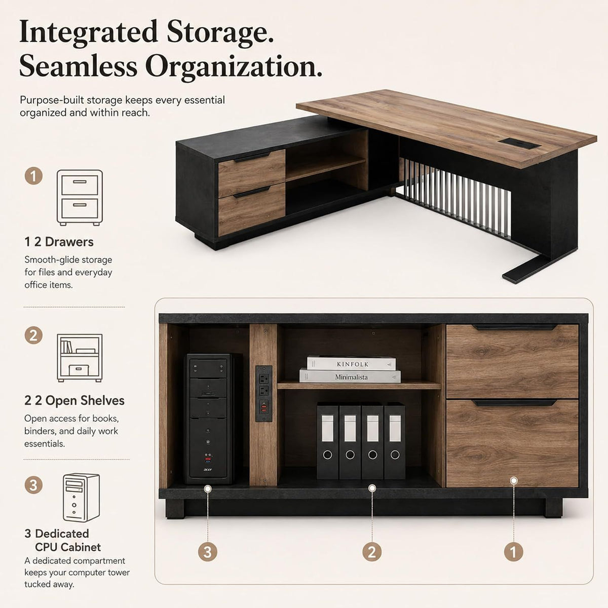 70.86 Inch Large Executive Desk with Drawers Cabinet, L Shaped Office Desk, Computer Desk with Universal Charging Ports and Cable Management for Business Furniture Set Workstation for Home Office