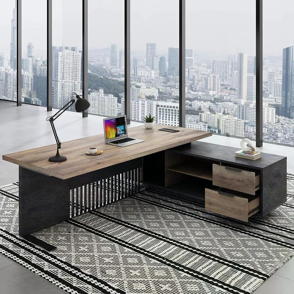 70.86 Inch Large Executive Desk with Drawers Cabinet, L Shaped Office Desk, Computer Desk with Universal Charging Ports and Cable Management for Business Furniture Set Workstation for Home Office