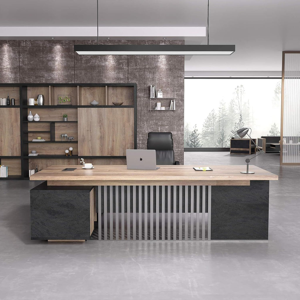 70.86 Inch Large Executive Desk with Drawers Cabinet, L Shaped Office Desk, Computer Desk with Universal Charging Ports and Cable Management for Business Furniture Set Workstation for Home Office