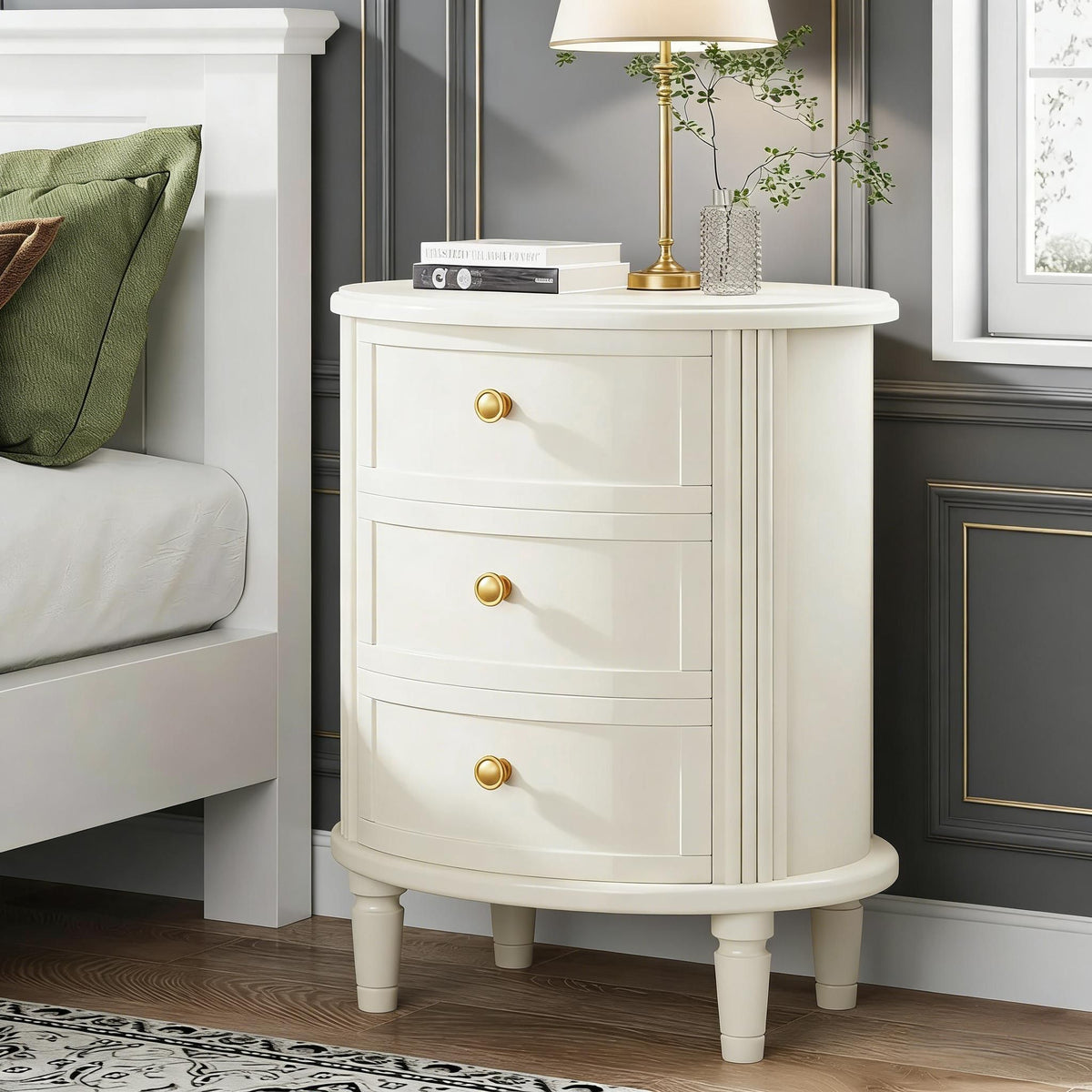 Wood Nightstand Bedside Table with 3 Drawers & Wood Legs