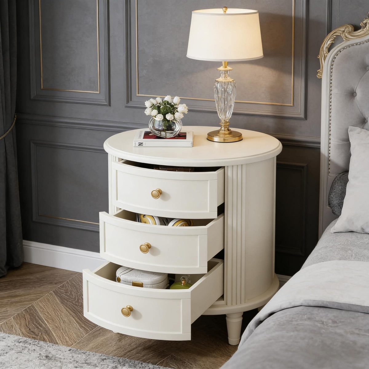 Wood Nightstand Bedside Table with 3 Drawers & Wood Legs