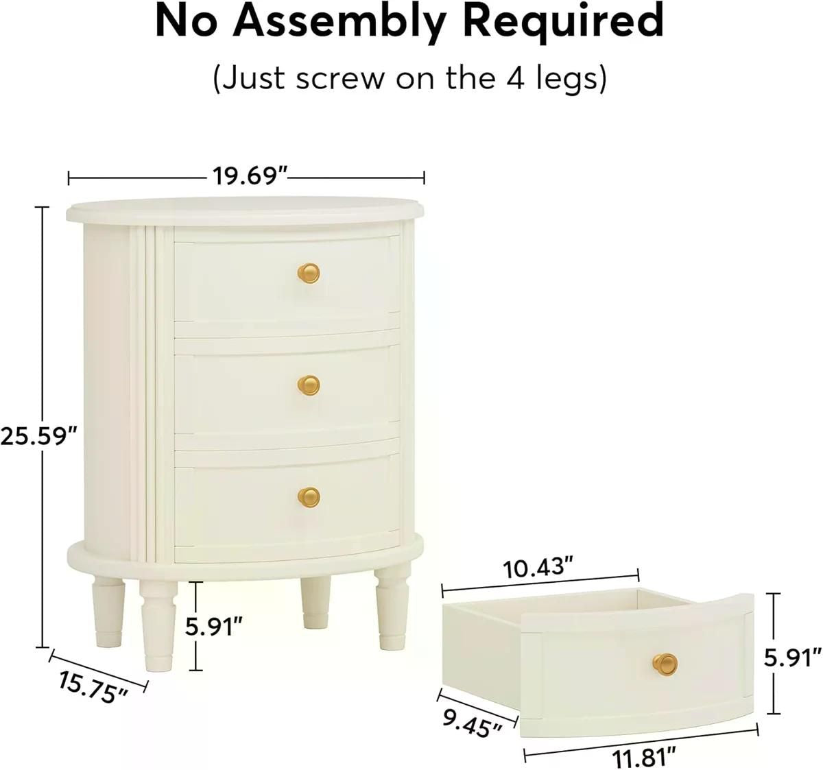 Wood Nightstand Bedside Table with 3 Drawers & Wood Legs
