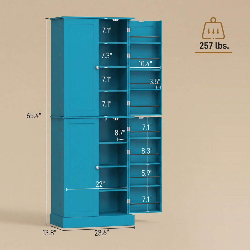 65" Kitchen Cabinet, Kitchen Pantry Cabinet with 4 Doors and 16 Door Shelves for Dining Room, Blue