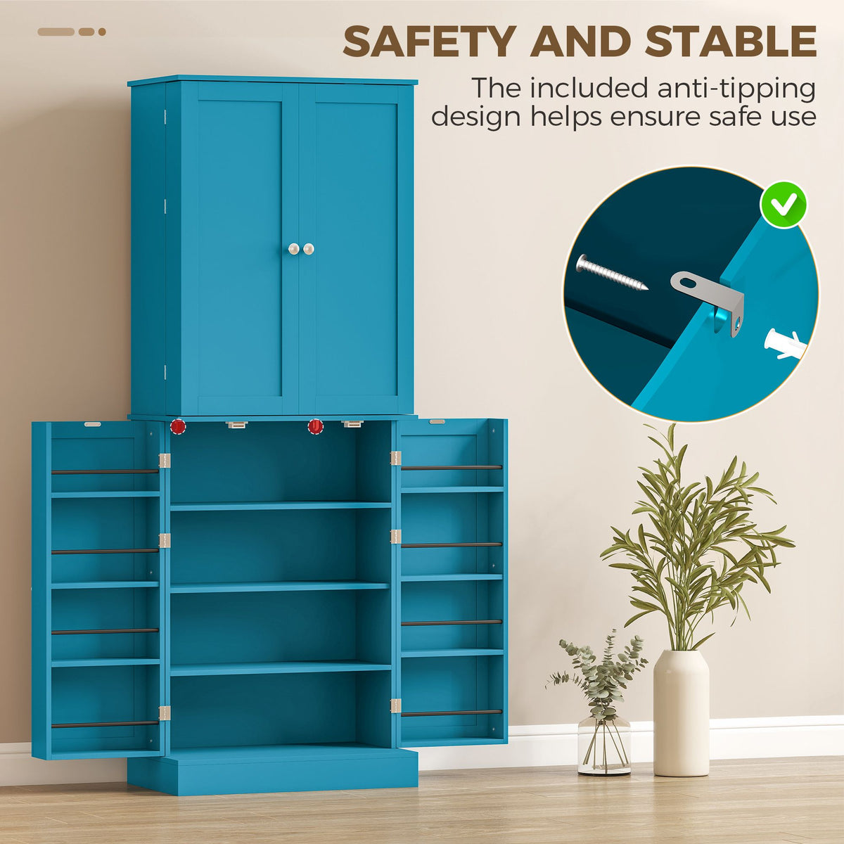 65" Kitchen Cabinet, Kitchen Pantry Cabinet with 4 Doors and 16 Door Shelves for Dining Room, Blue