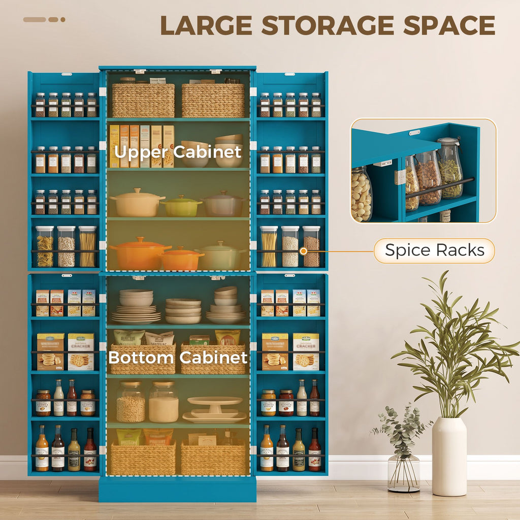 65" Kitchen Cabinet, Kitchen Pantry Cabinet with 4 Doors and 16 Door Shelves for Dining Room, Blue