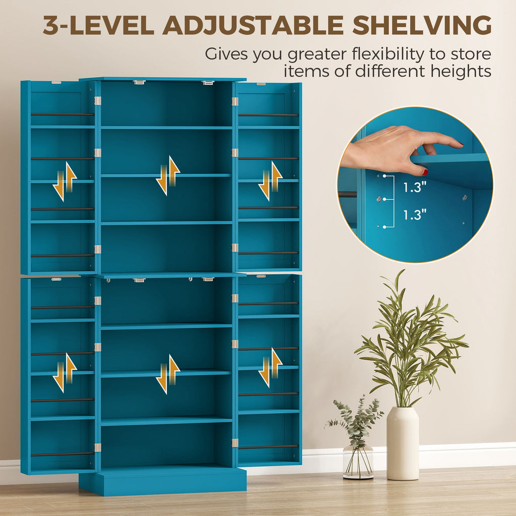 65" Kitchen Cabinet, Kitchen Pantry Cabinet with 4 Doors and 16 Door Shelves for Dining Room, Blue