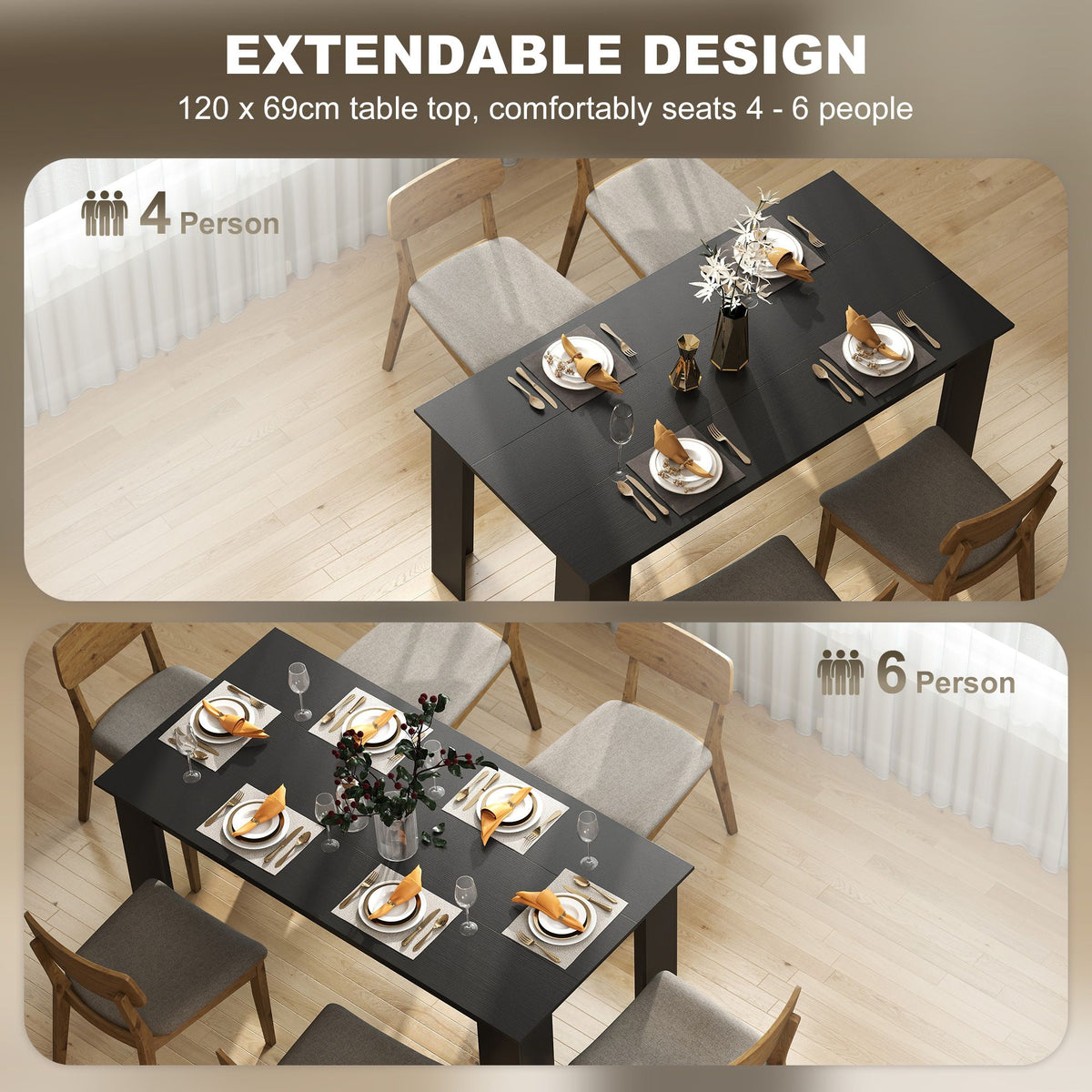 63" Dining Table for 4-6 People, Modern Rectangular Kitchen Table for Dining Room, Living Room, Black Wood Effect