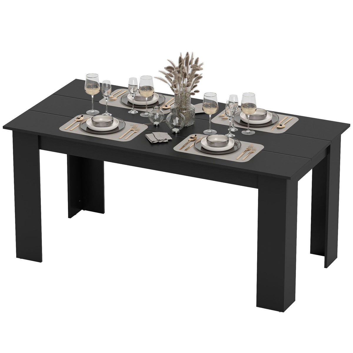 63" Dining Table for 4-6 People, Modern Rectangular Kitchen Table for Dining Room, Living Room, Black Wood Effect