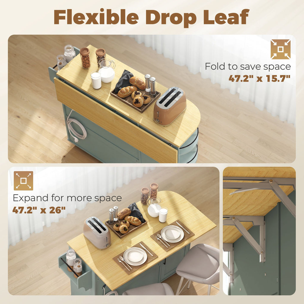 53" Kitchen Island with Power Outlet and Drop Leaf, Kitchen Cart on Wheels with 360° Rotating Rack, Sage Green