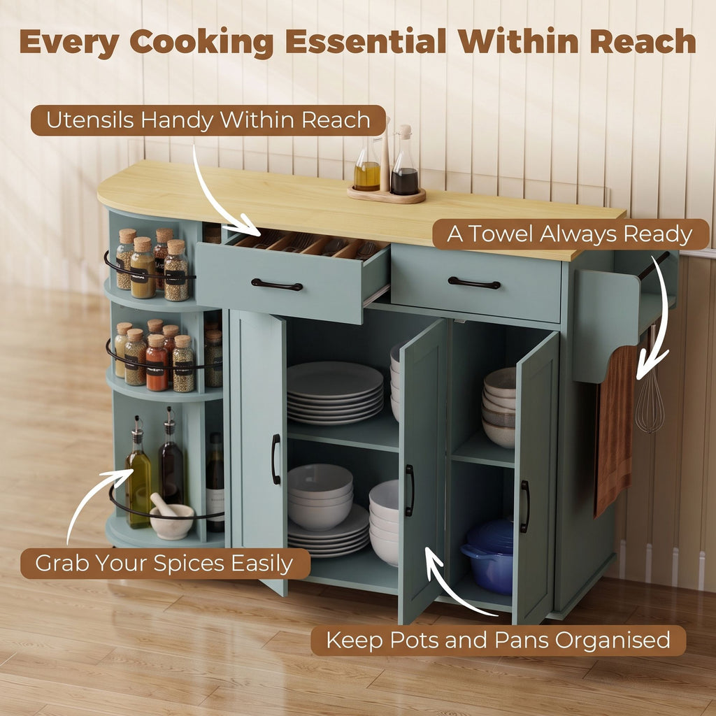 53" Kitchen Island with Power Outlet and Drop Leaf, Kitchen Cart on Wheels with 360° Rotating Rack, Sage Green