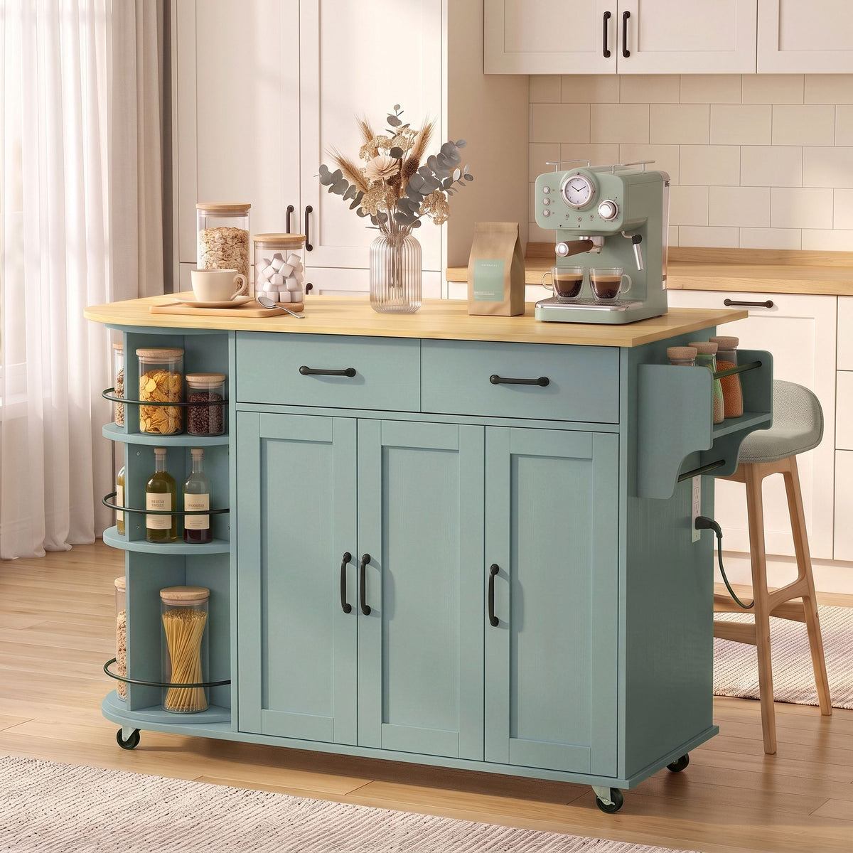 53" Kitchen Island with Power Outlet and Drop Leaf, Kitchen Cart on Wheels with 360° Rotating Rack, Sage Green