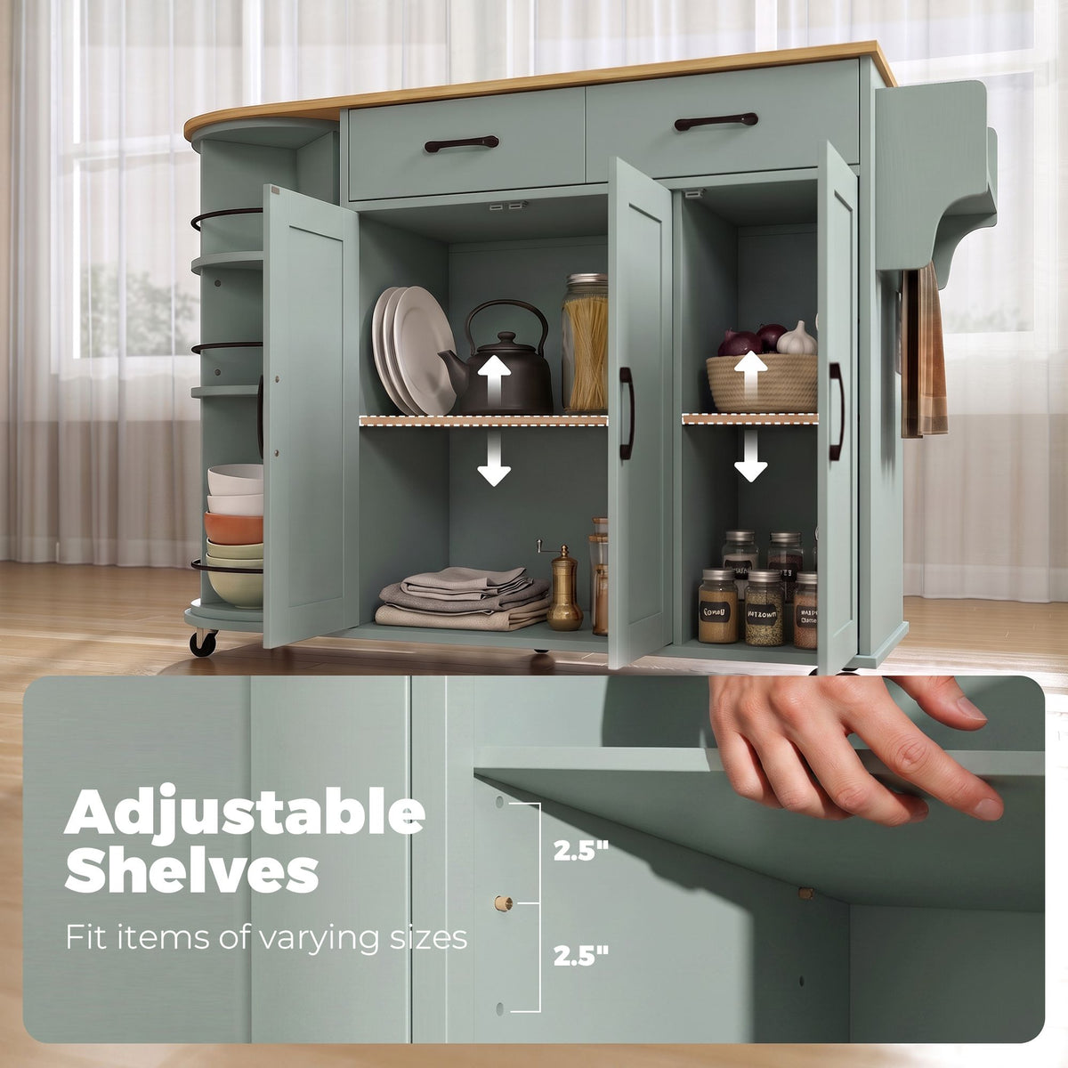 53" Kitchen Island with Power Outlet and Drop Leaf, Kitchen Cart on Wheels with 360° Rotating Rack, Sage Green