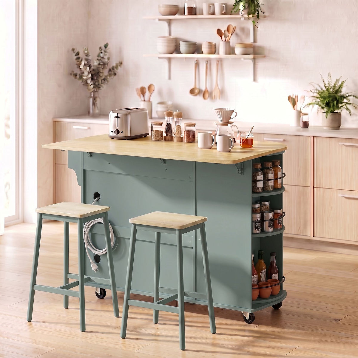 53" Kitchen Island with Power Outlet and Drop Leaf, Kitchen Cart on Wheels with 360° Rotating Rack, Sage Green