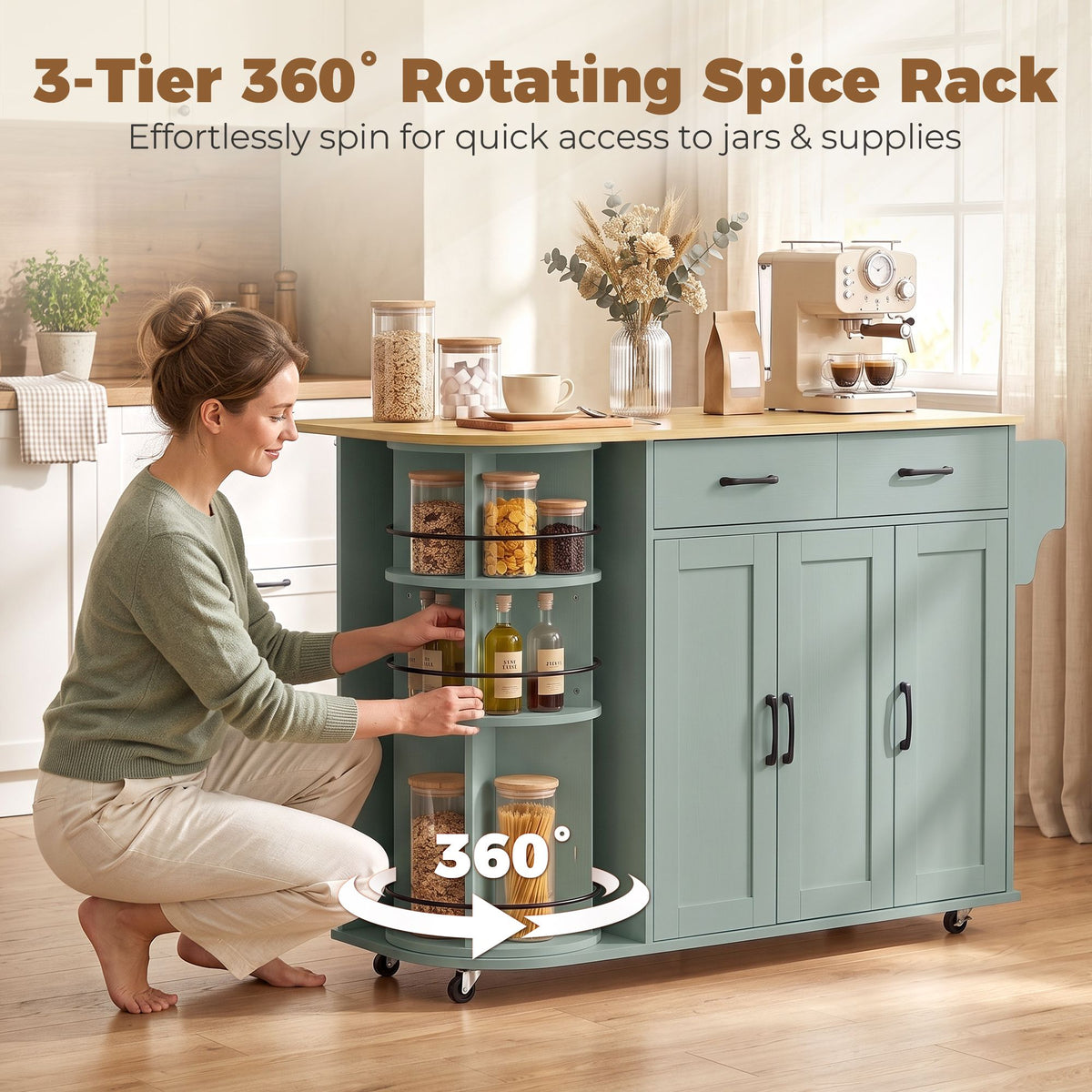 53" Kitchen Island with Power Outlet and Drop Leaf, Kitchen Cart on Wheels with 360° Rotating Rack, Sage Green