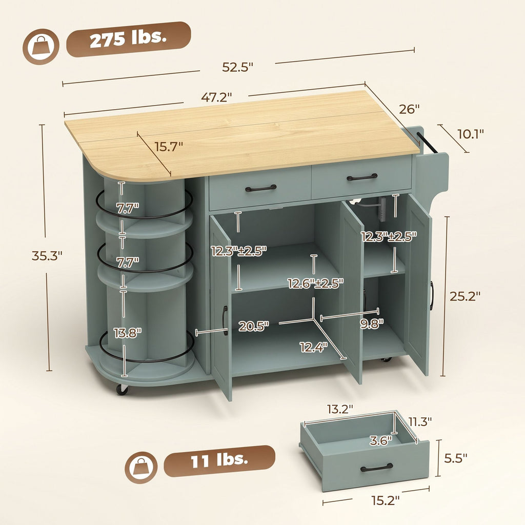 53" Kitchen Island with Power Outlet and Drop Leaf, Kitchen Cart on Wheels with 360° Rotating Rack, Sage Green