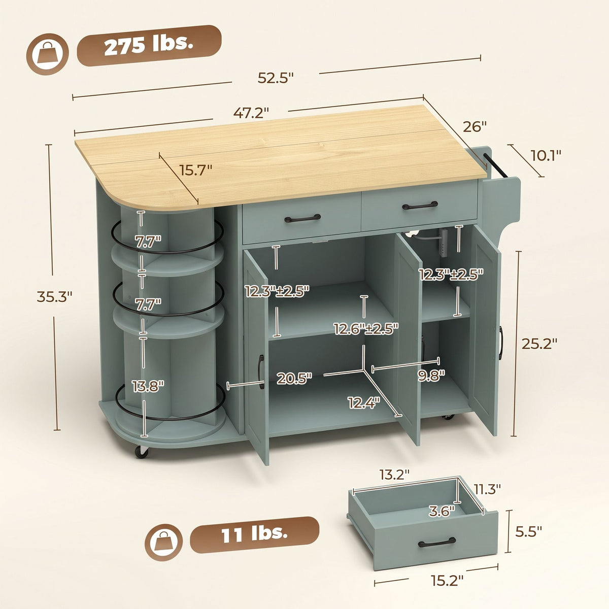 53" Kitchen Island with Power Outlet and Drop Leaf, Kitchen Cart on Wheels with 360° Rotating Rack, Sage Green