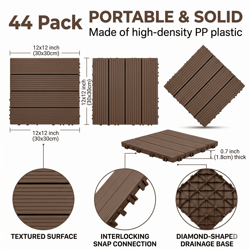 Plastic Interlocking Deck Tiles, 44 Pack 12"x12" Waterproof Non-Slip Outdoor Patio Flooring, All Weather Drainable Snap Together Decking Tiles for Poolside, Porch, Garden, Backyard & Shed Floor,Brown