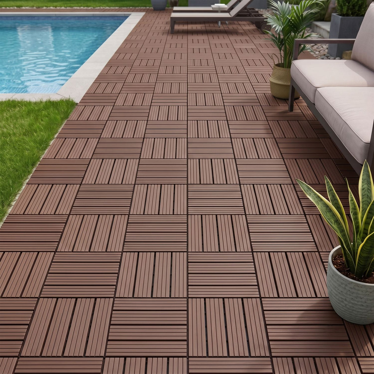 Plastic Interlocking Deck Tiles, 44 Pack 12"x12" Waterproof Non-Slip Outdoor Patio Flooring, All Weather Drainable Snap Together Decking Tiles for Poolside, Porch, Garden, Backyard & Shed Floor,Brown