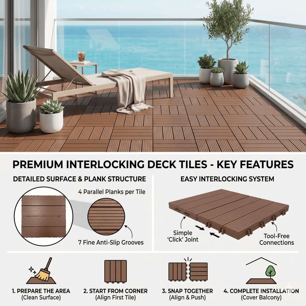 Plastic Interlocking Deck Tiles, 44 Pack 12"x12" Waterproof Non-Slip Outdoor Patio Flooring, All Weather Drainable Snap Together Decking Tiles for Poolside, Porch, Garden, Backyard & Shed Floor,Brown