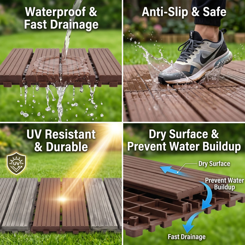 Plastic Interlocking Deck Tiles, 44 Pack 12"x12" Waterproof Non-Slip Outdoor Patio Flooring, All Weather Drainable Snap Together Decking Tiles for Poolside, Porch, Garden, Backyard & Shed Floor,Brown