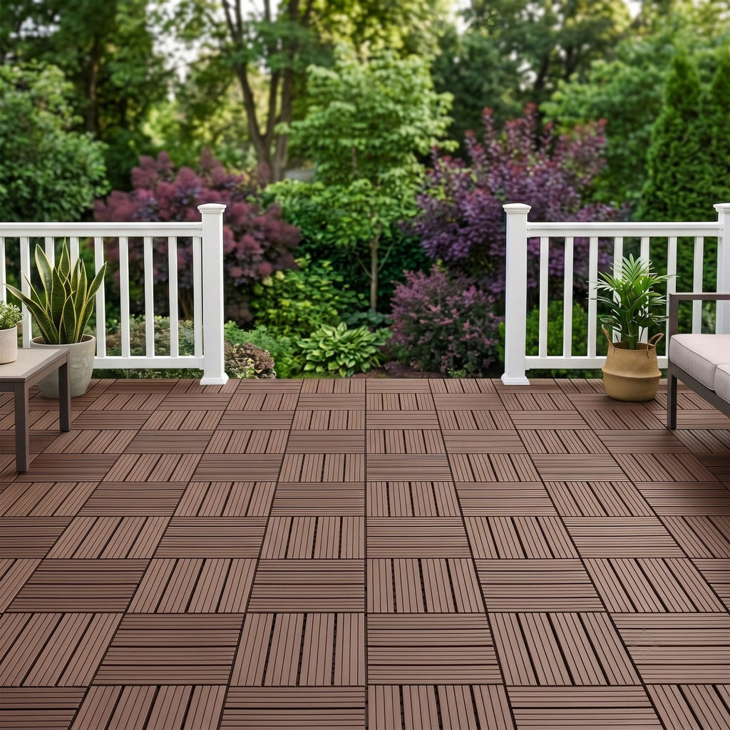 Plastic Interlocking Deck Tiles, 44 Pack 12"x12" Waterproof Non-Slip Outdoor Patio Flooring, All Weather Drainable Snap Together Decking Tiles for Poolside, Porch, Garden, Backyard & Shed Floor,Brown