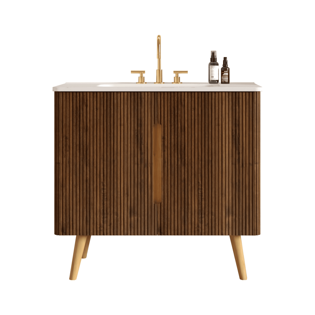 Etna 36"F Striped Walnut Bathroom Vanity with Carrara White Ceramic Sink with three faucet holes, Large Storage Freestanding Bathroom Vanity for Modern Bathroom, KD