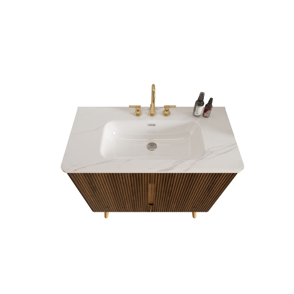 Etna 36"F Striped Walnut Bathroom Vanity with Carrara White Ceramic Sink with three faucet holes, Large Storage Freestanding Bathroom Vanity for Modern Bathroom, KD
