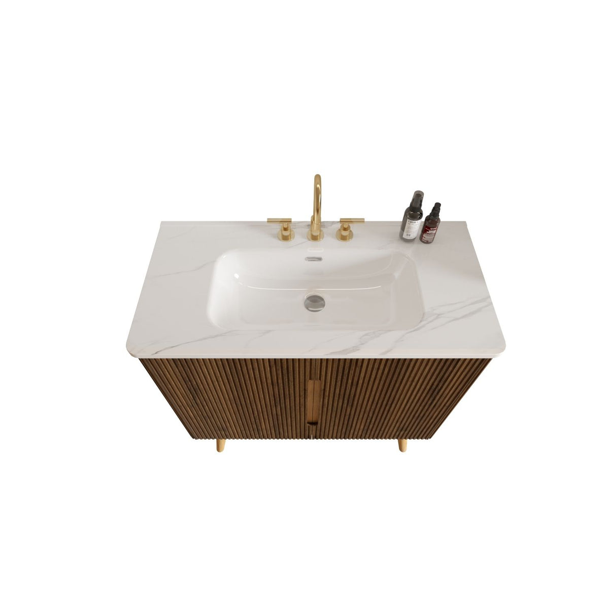 Etna 36"F Striped Walnut Bathroom Vanity with Carrara White Ceramic Sink with three faucet holes, Large Storage Freestanding Bathroom Vanity for Modern Bathroom, KD