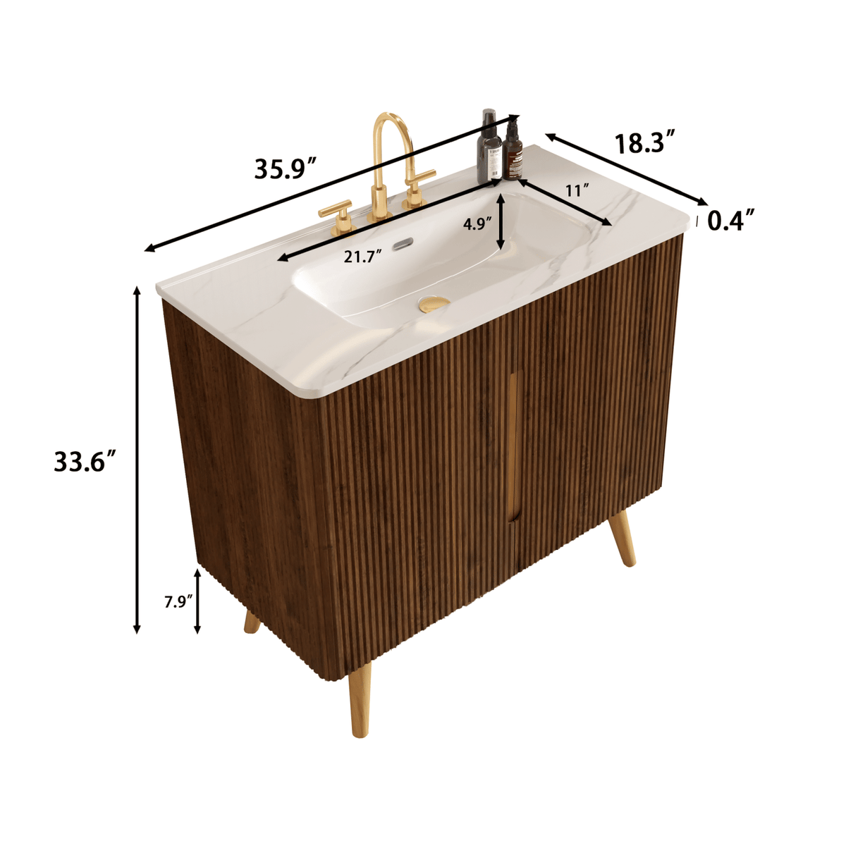 Etna 36"F Striped Walnut Bathroom Vanity with Carrara White Ceramic Sink with three faucet holes, Large Storage Freestanding Bathroom Vanity for Modern Bathroom, KD