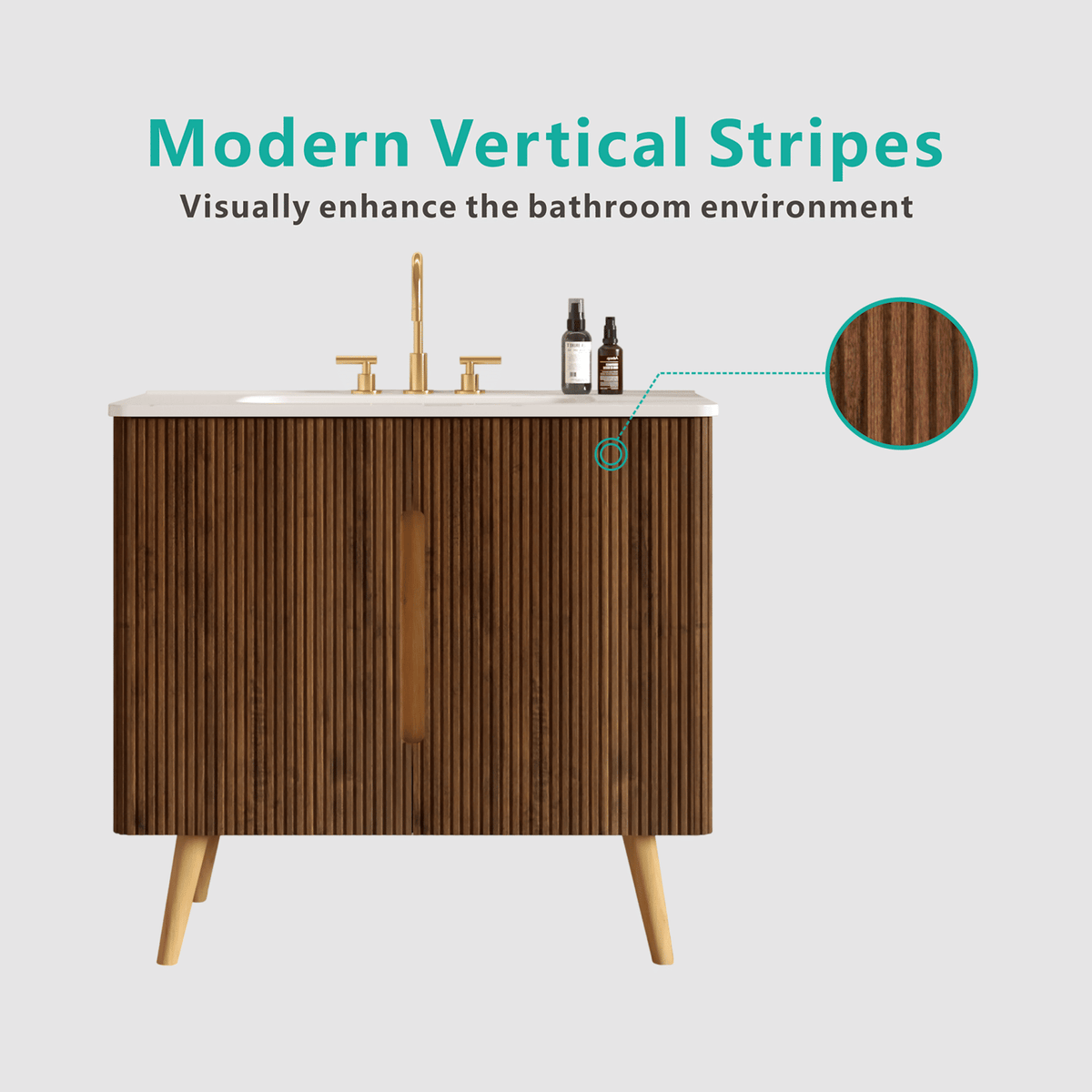 Etna 36"F Striped Walnut Bathroom Vanity with Carrara White Ceramic Sink with three faucet holes, Large Storage Freestanding Bathroom Vanity for Modern Bathroom, KD