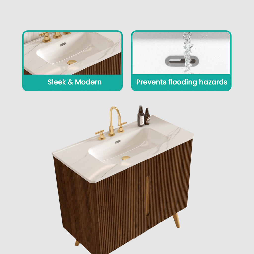 Etna 36"F Striped Walnut Bathroom Vanity with Carrara White Ceramic Sink with three faucet holes, Large Storage Freestanding Bathroom Vanity for Modern Bathroom, KD