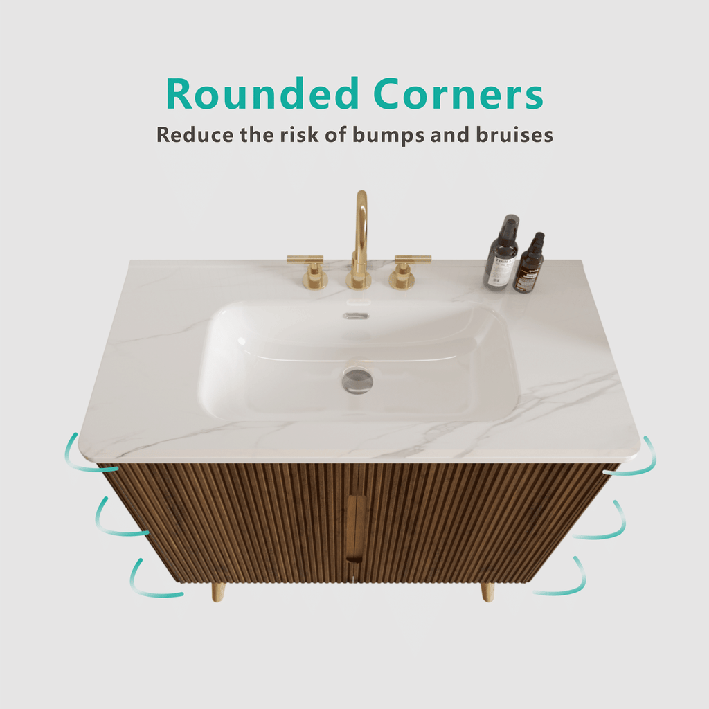 Etna 36"F Striped Walnut Bathroom Vanity with Carrara White Ceramic Sink with three faucet holes, Large Storage Freestanding Bathroom Vanity for Modern Bathroom, KD