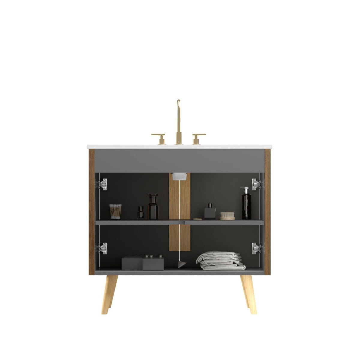 Etna 36"F Striped Walnut Bathroom Vanity with Carrara White Ceramic Sink with three faucet holes, Large Storage Freestanding Bathroom Vanity for Modern Bathroom, KD