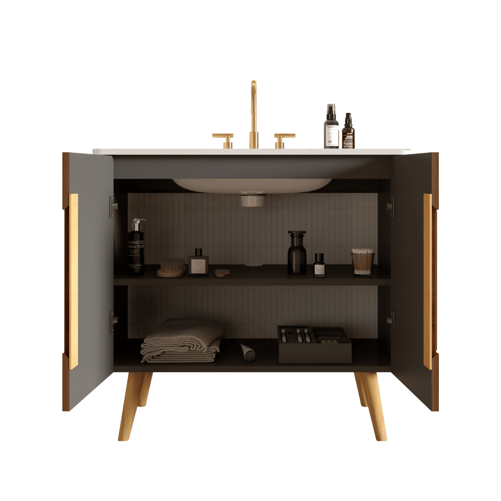 Etna 36"F Striped Walnut Bathroom Vanity with Carrara White Ceramic Sink with three faucet holes, Large Storage Freestanding Bathroom Vanity for Modern Bathroom, KD