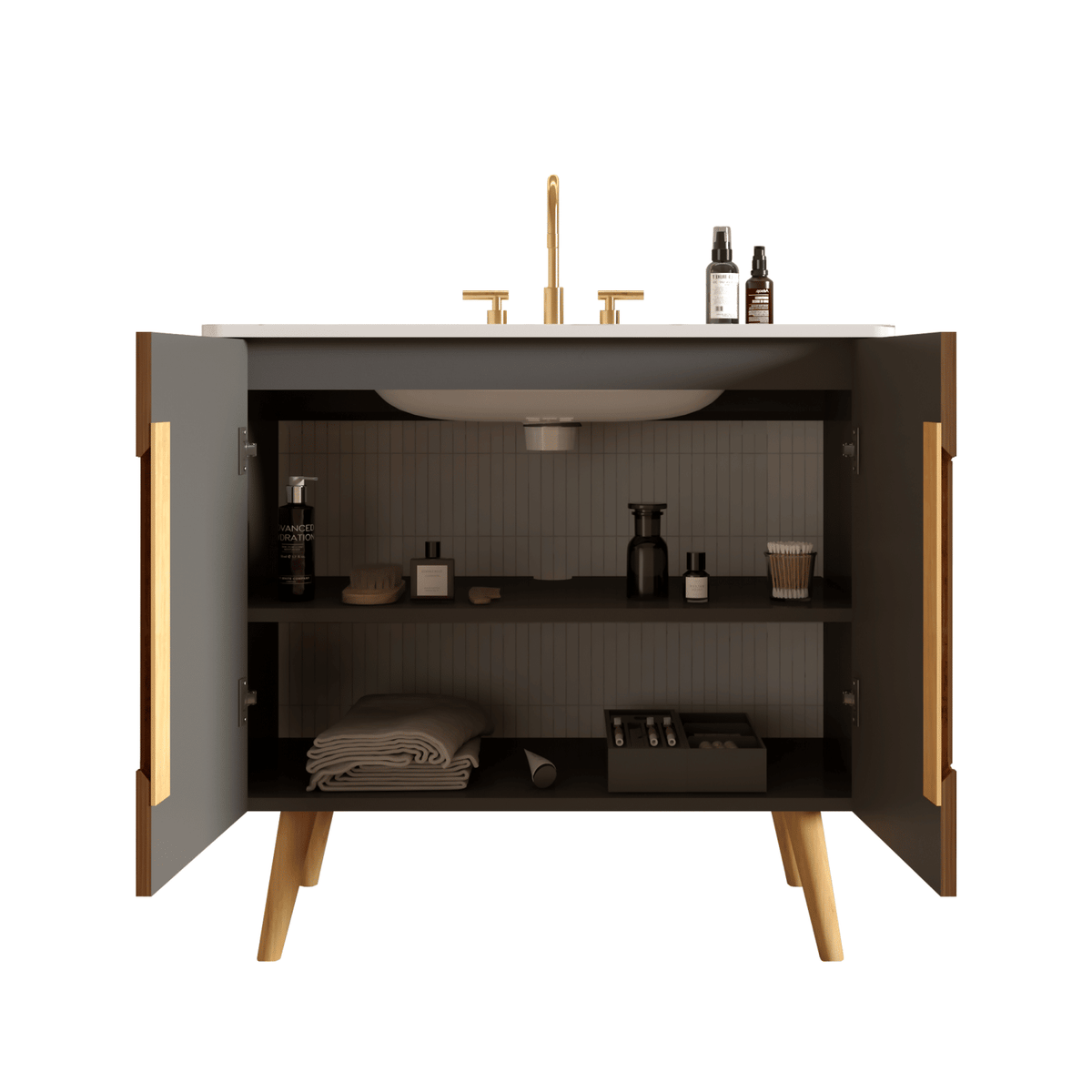 Etna 36"F Striped Walnut Bathroom Vanity with Carrara White Ceramic Sink with three faucet holes, Large Storage Freestanding Bathroom Vanity for Modern Bathroom, KD