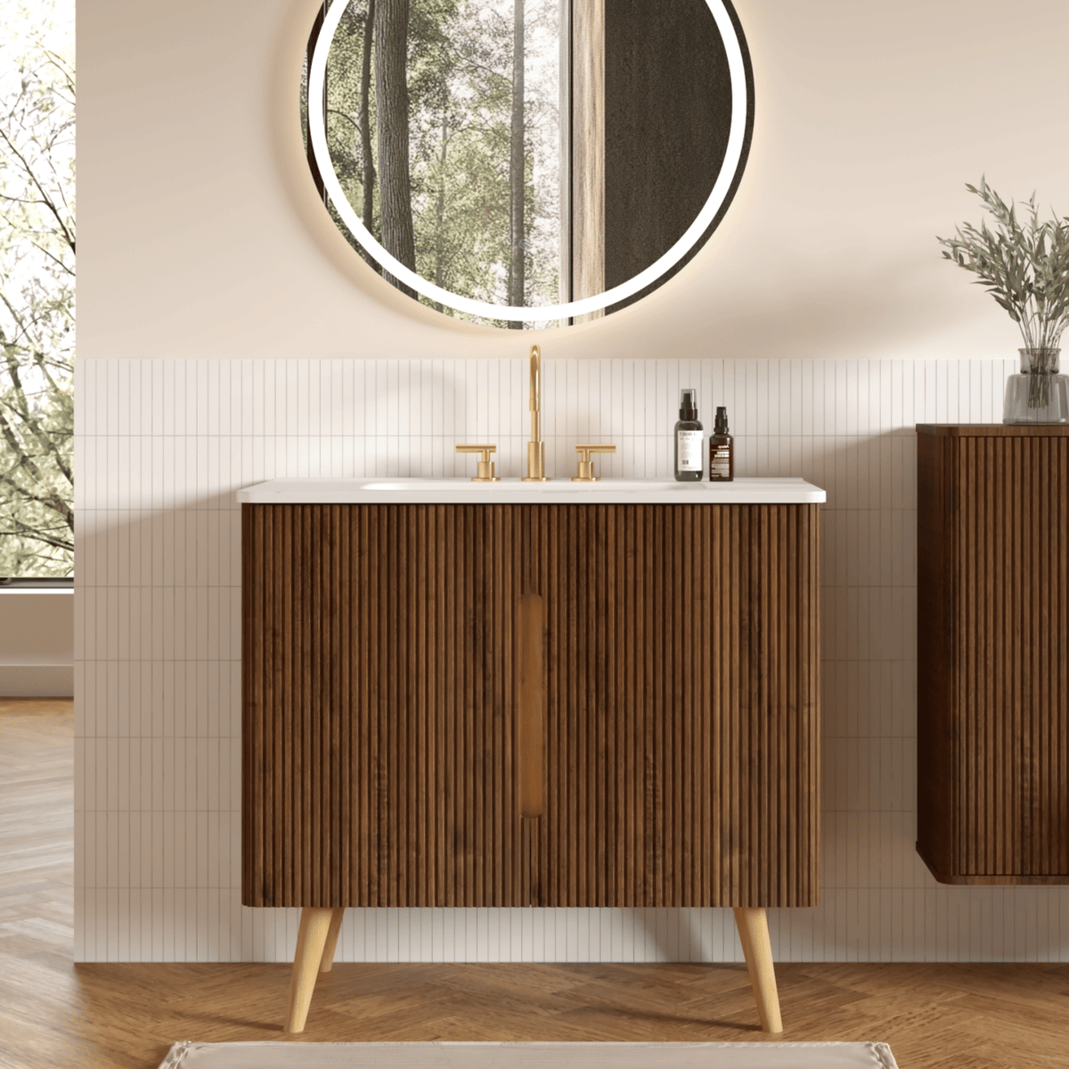 Etna 36"F Striped Walnut Bathroom Vanity with Carrara White Ceramic Sink with three faucet holes, Large Storage Freestanding Bathroom Vanity for Modern Bathroom, KD