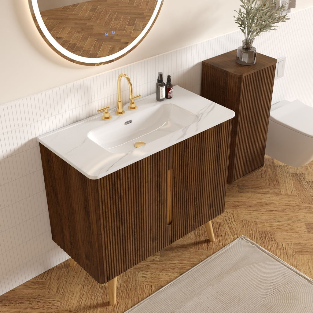Etna 36"F Striped Walnut Bathroom Vanity with Carrara White Ceramic Sink with three faucet holes, Large Storage Freestanding Bathroom Vanity for Modern Bathroom, KD