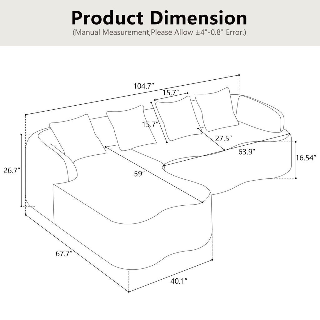 Full Compression L-Shape Sectional Sofa with Curved Chaise, Grey Modular Chenille Couch, High-Density for Apartment Living Room