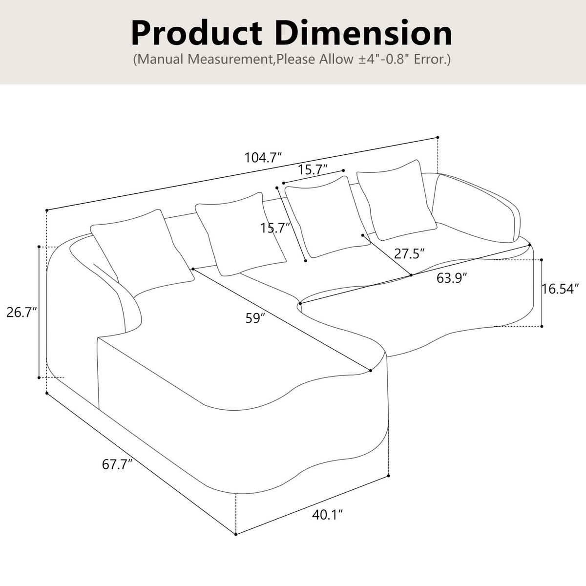 Full Compression L-Shape Sectional Sofa with Curved Chaise, Grey Modular Chenille Couch, High-Density for Apartment Living Room