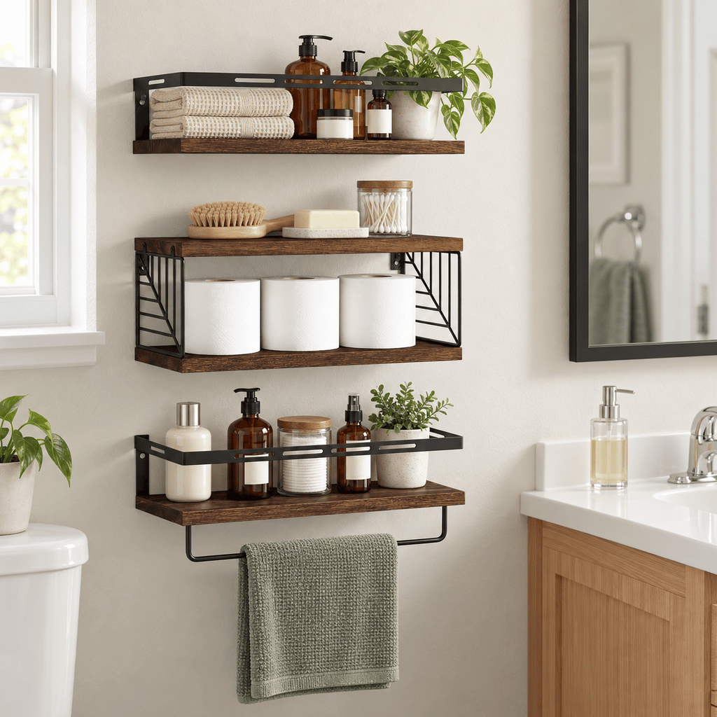 3-Piece Floating Wall Shelves Set, Rustic Brown Wood Wall Mounted Shelves with Towel Bar and Metal Guardrails, 22 lb Capacity Per Shelf, 15.85 x 5.95 Inch