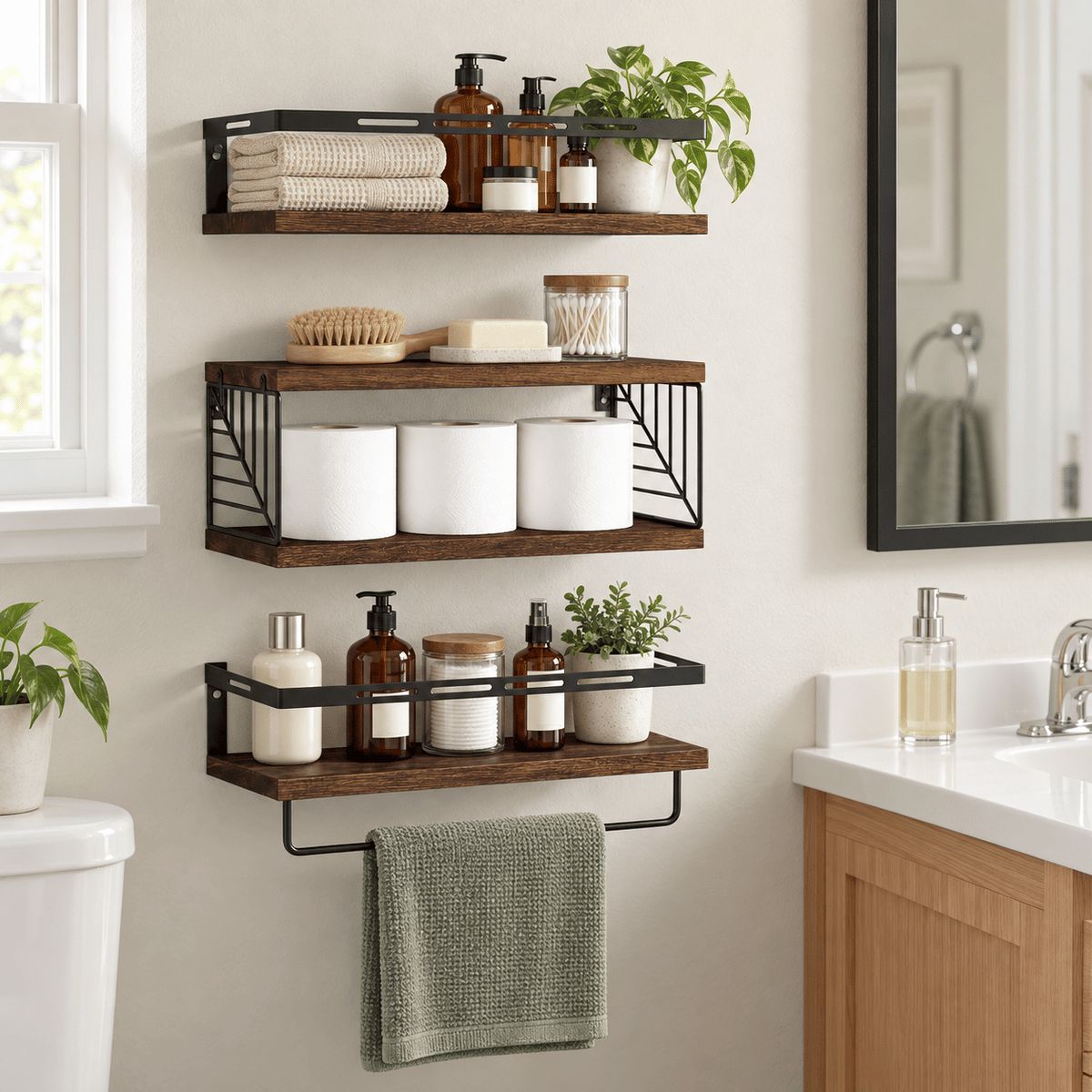 3-Piece Floating Wall Shelves Set, Rustic Brown Wood Wall Mounted Shelves with Towel Bar and Metal Guardrails, 22 lb Capacity Per Shelf, 15.85 x 5.95 Inch